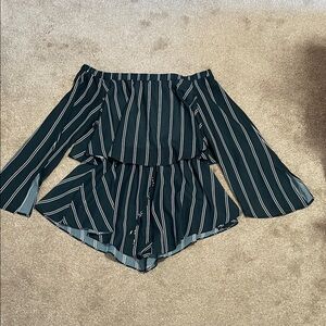 SABO Skirt - Off-Shoulder Dark Green Striped Romper